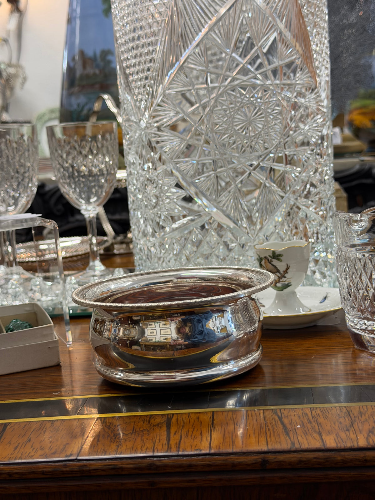 Silverplate & Wood Deep-Bellied Wine Coaster | Marked England