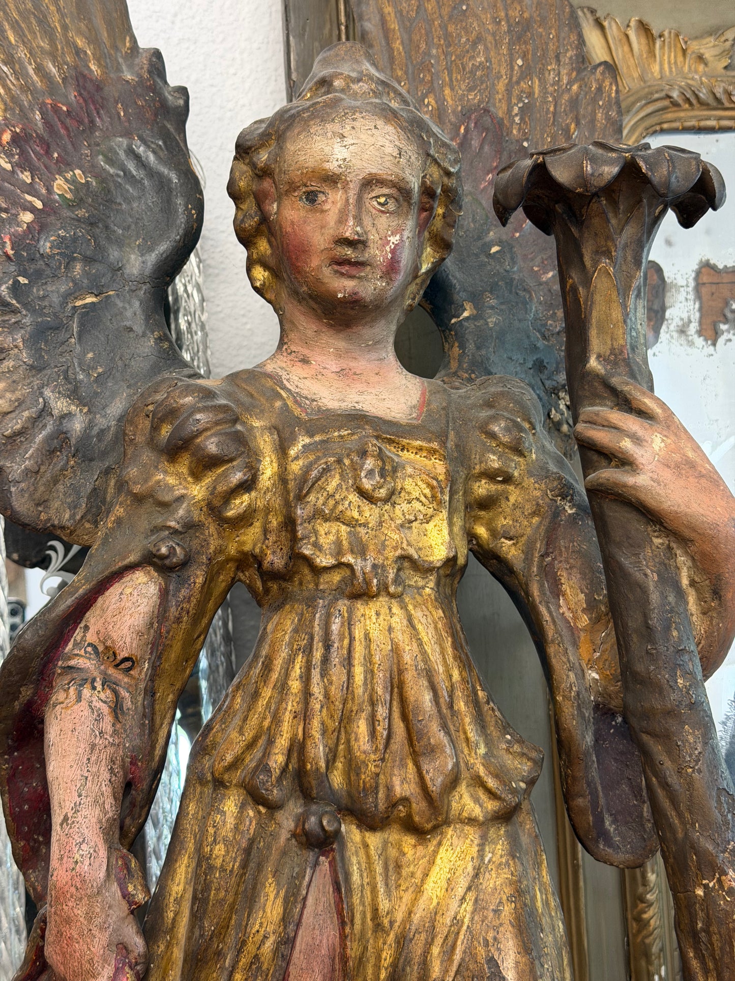 Italian Baroque Cartapesta Angel, Cartapesta/Papier Mache Arch Angel, 17Th C Parcel Guild & Polychrome Paint