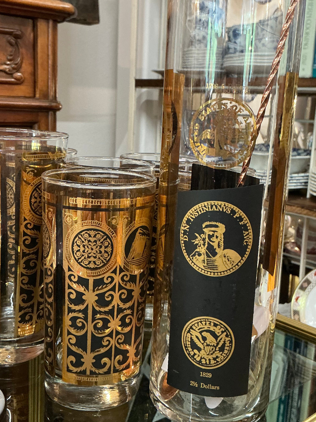 Set of 4 Vintage Culver Highball Black and Gold Glasses + Mixer Glass