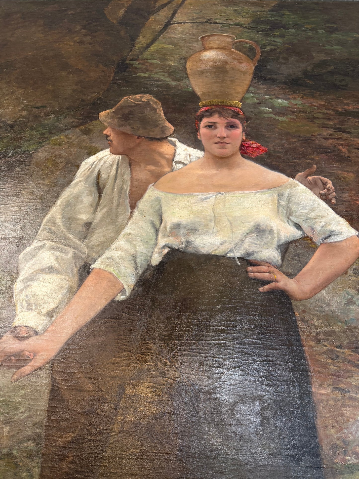 Leon Tanzi Lifesize Oil Painting Of Woman with Pot, 5' 5/6"Wide X 8 5 1/2"T