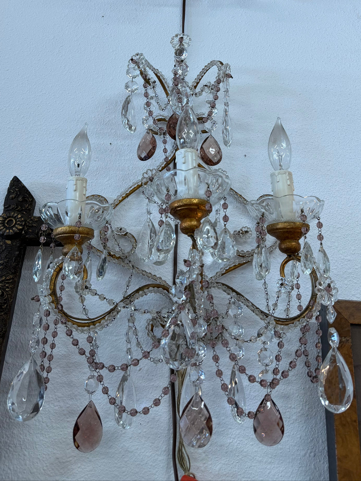 Pair Of Sconces, Pink, European Crystal, Rewired