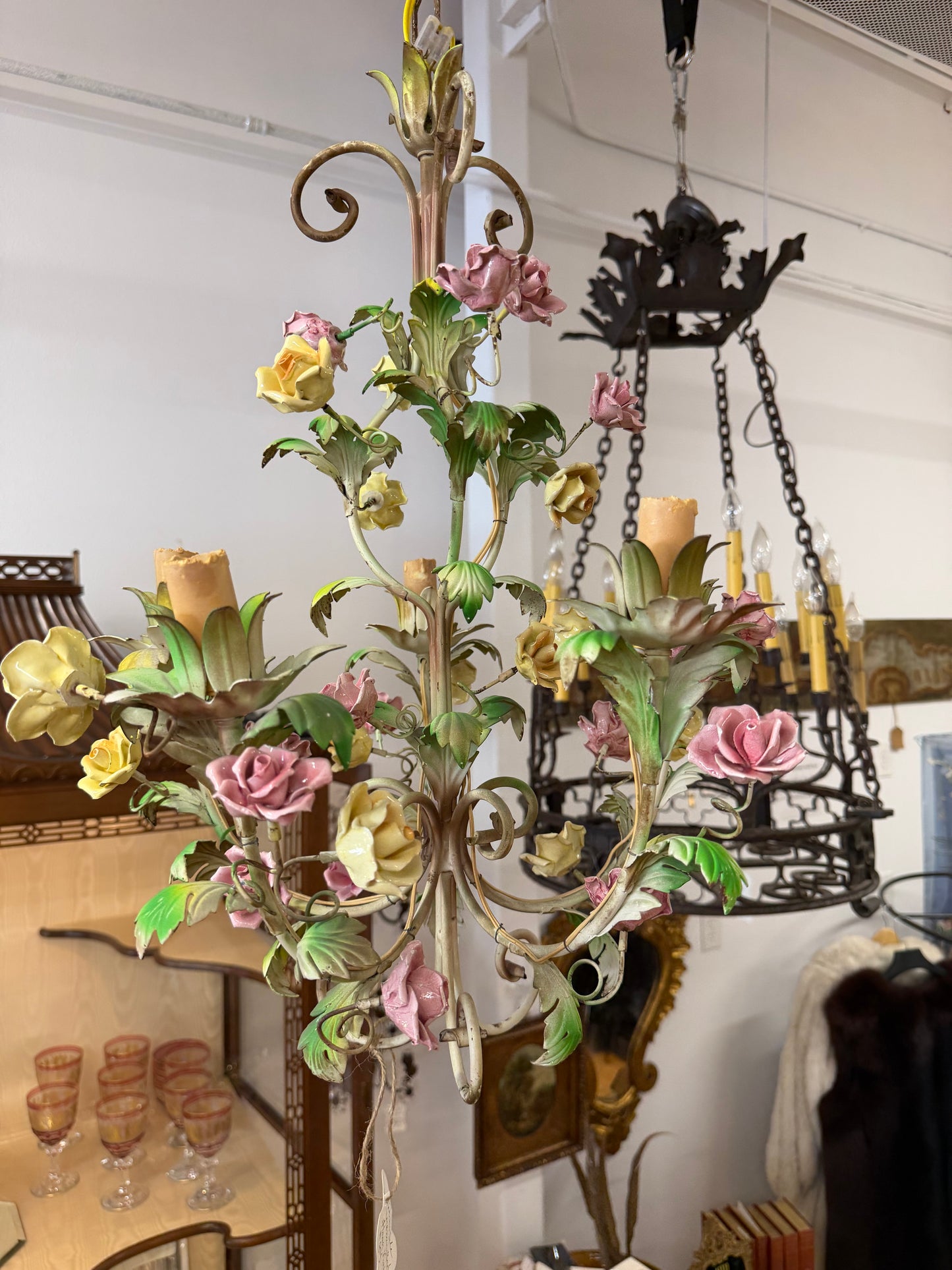 Italian Tole Cermaic Flower Chandelier