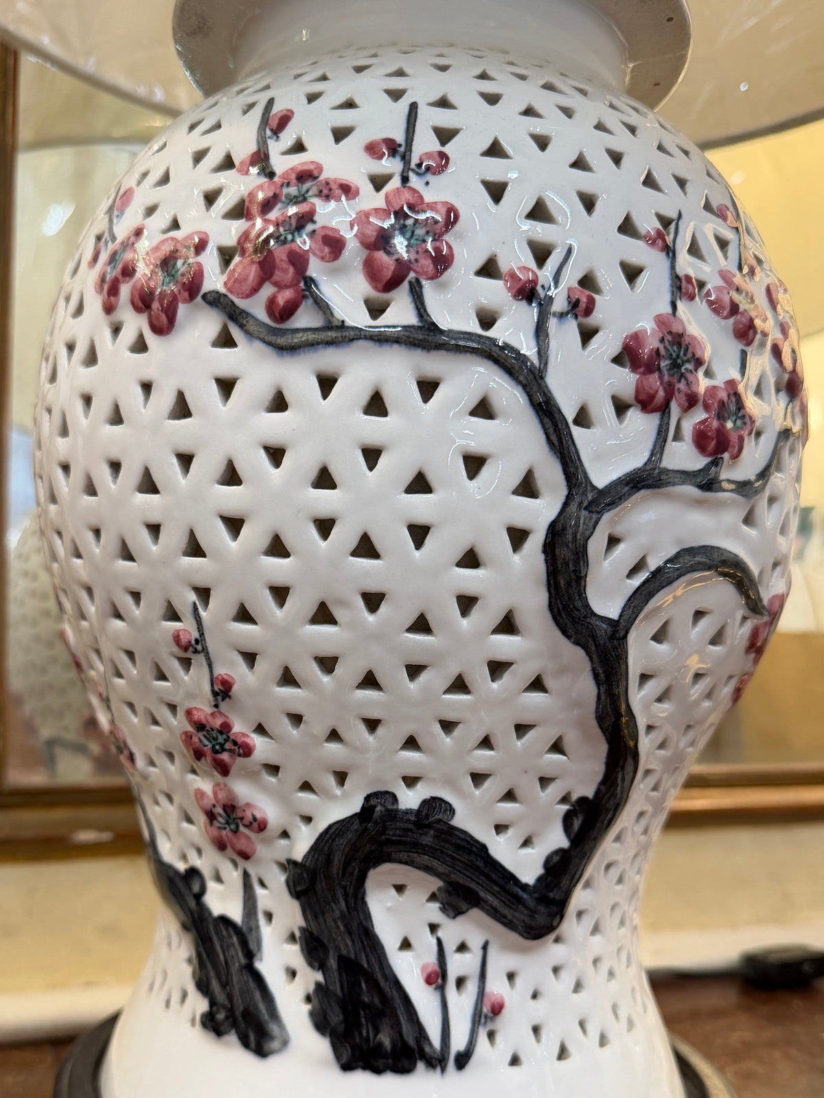 Blanc De Chine Cherry Blossom Lamps With New Shades (Pair)