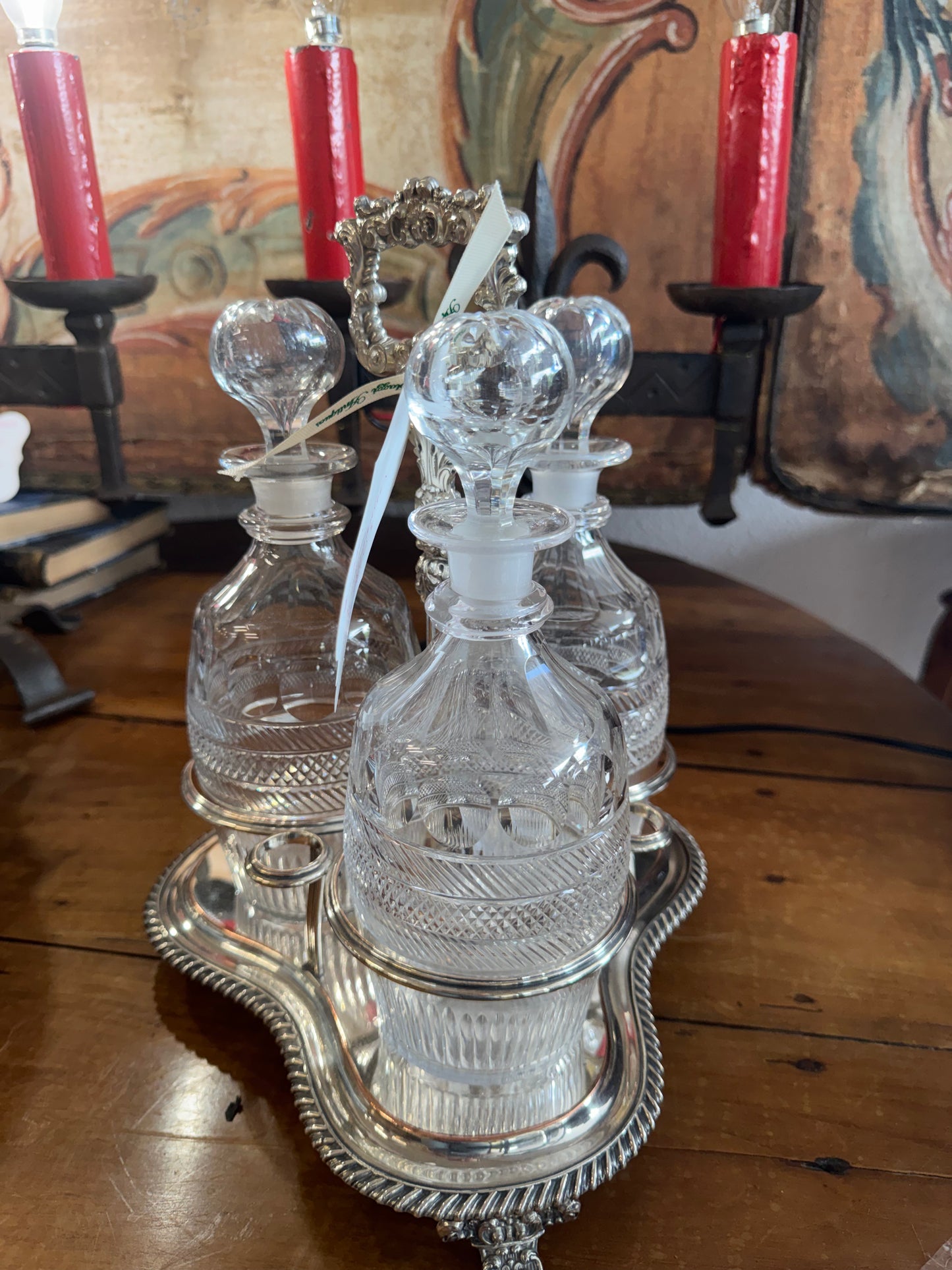 Georgian Crystal Decanter and Silverplate Stand Set