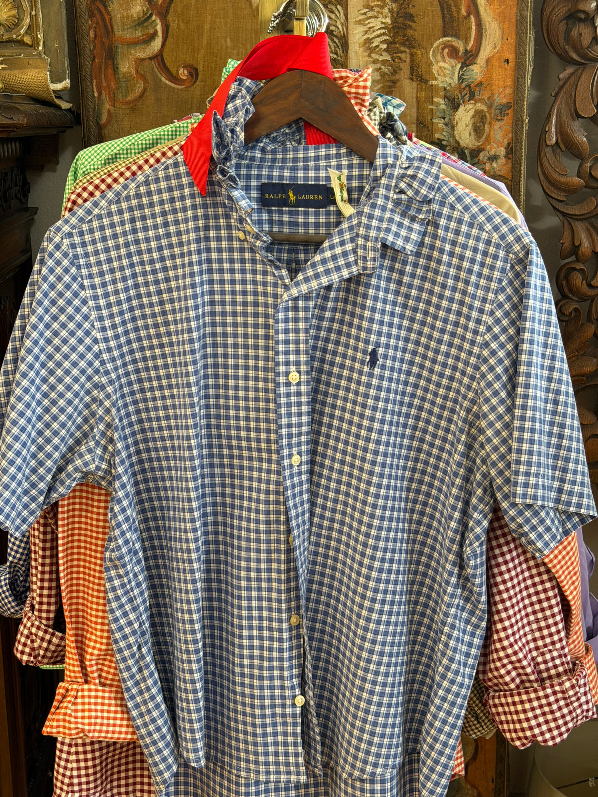 Ruffle Ralph Lauren Blue and White Checkered Polo with Blue Pony | Size L