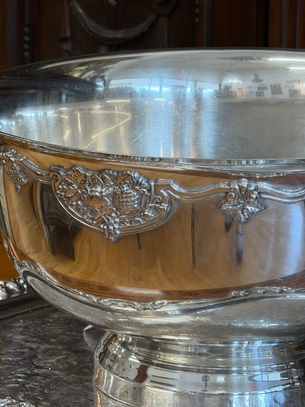 Vintage Silverplate Punch Bowl with Embossed Fruit Rim