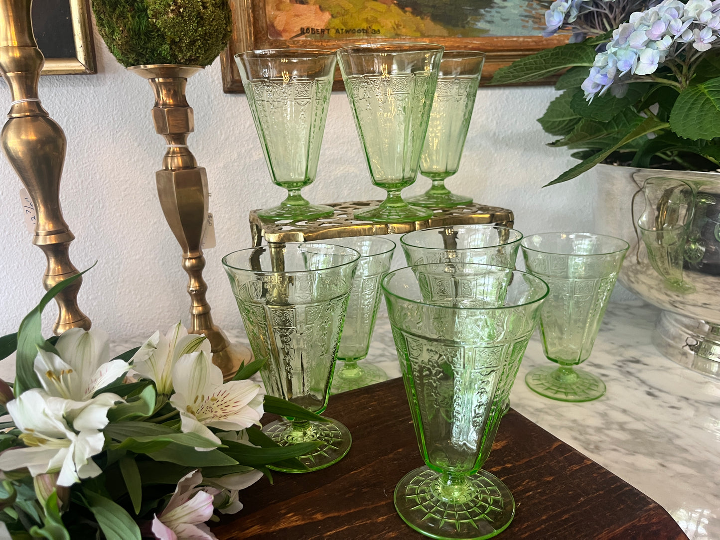 Green depression glasses, Anchor Hocking “Princess Sheen” set of 10