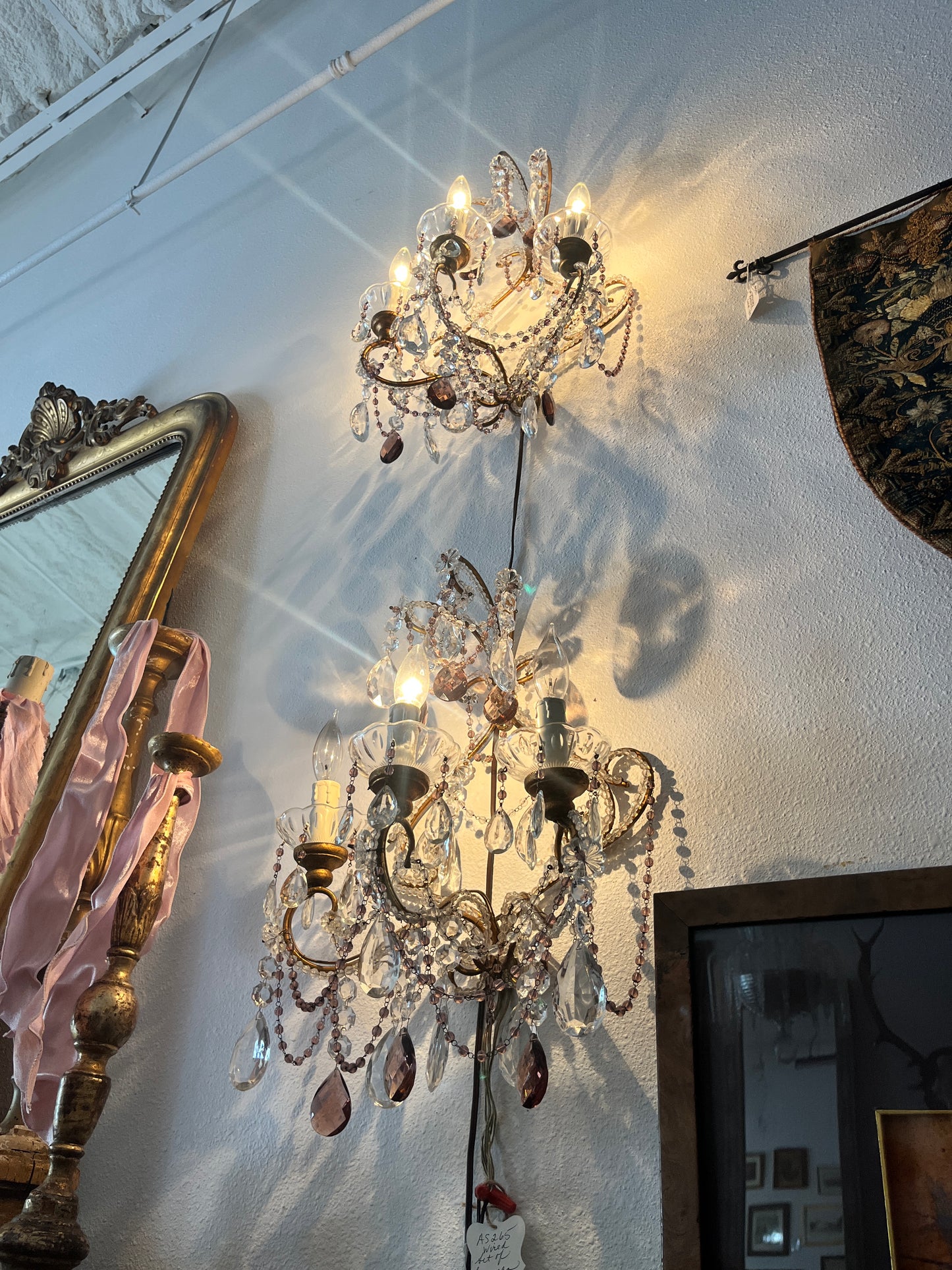 Pair Of Sconces, Pink, European Crystal, Rewired