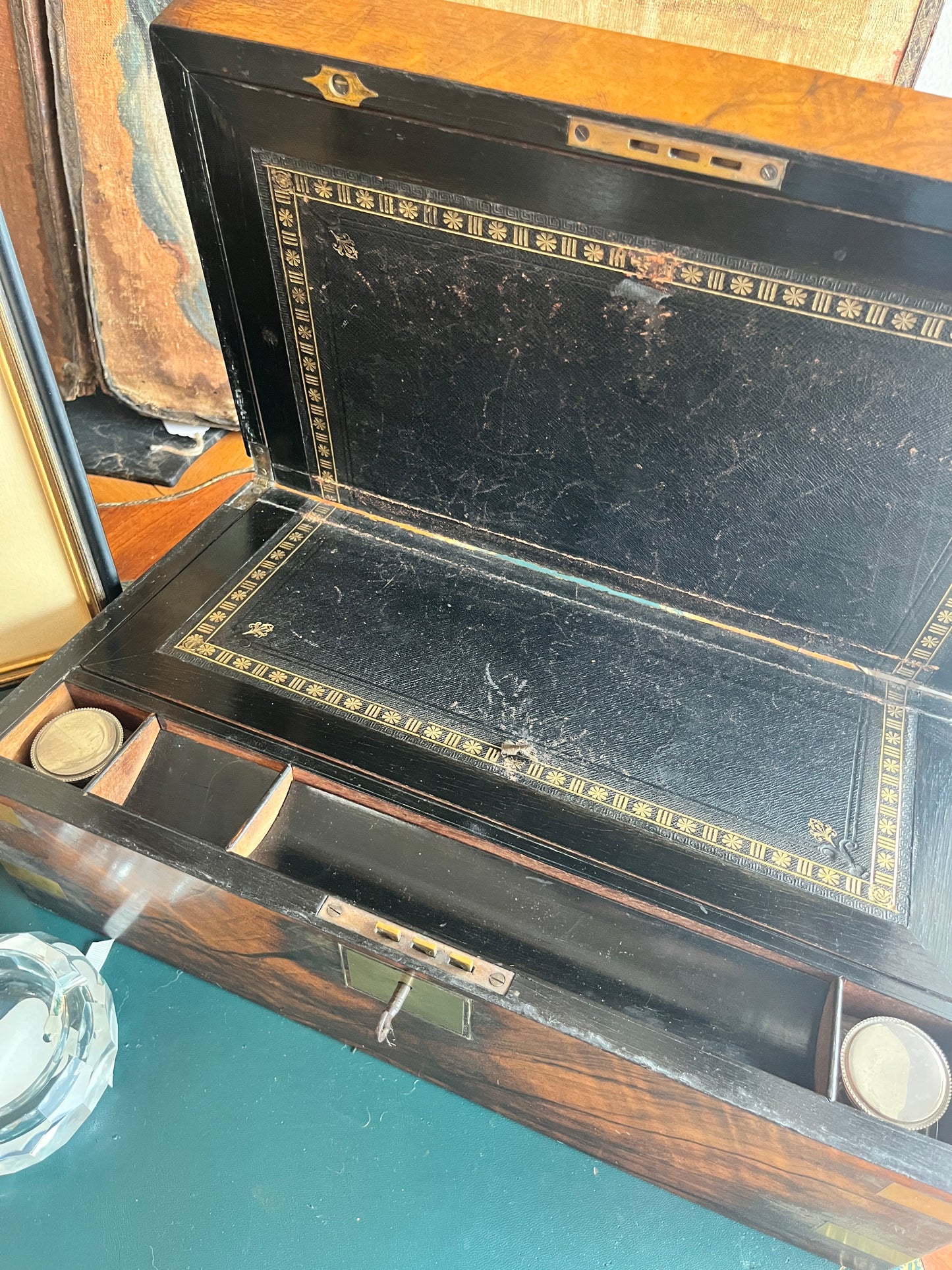 Victorian burr walnut brass-bound writing desk