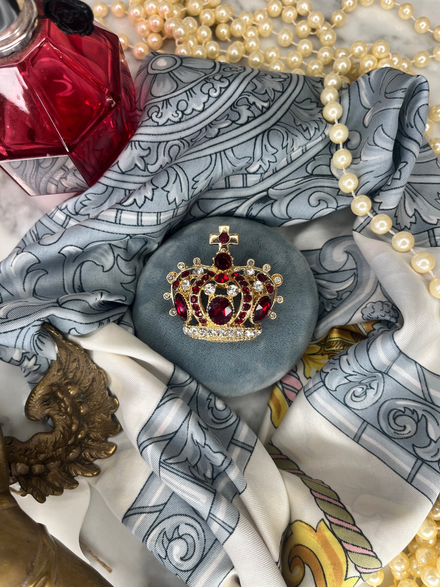 NEW Golden Crown Brooch, Crown Red Gem and Rhinestones