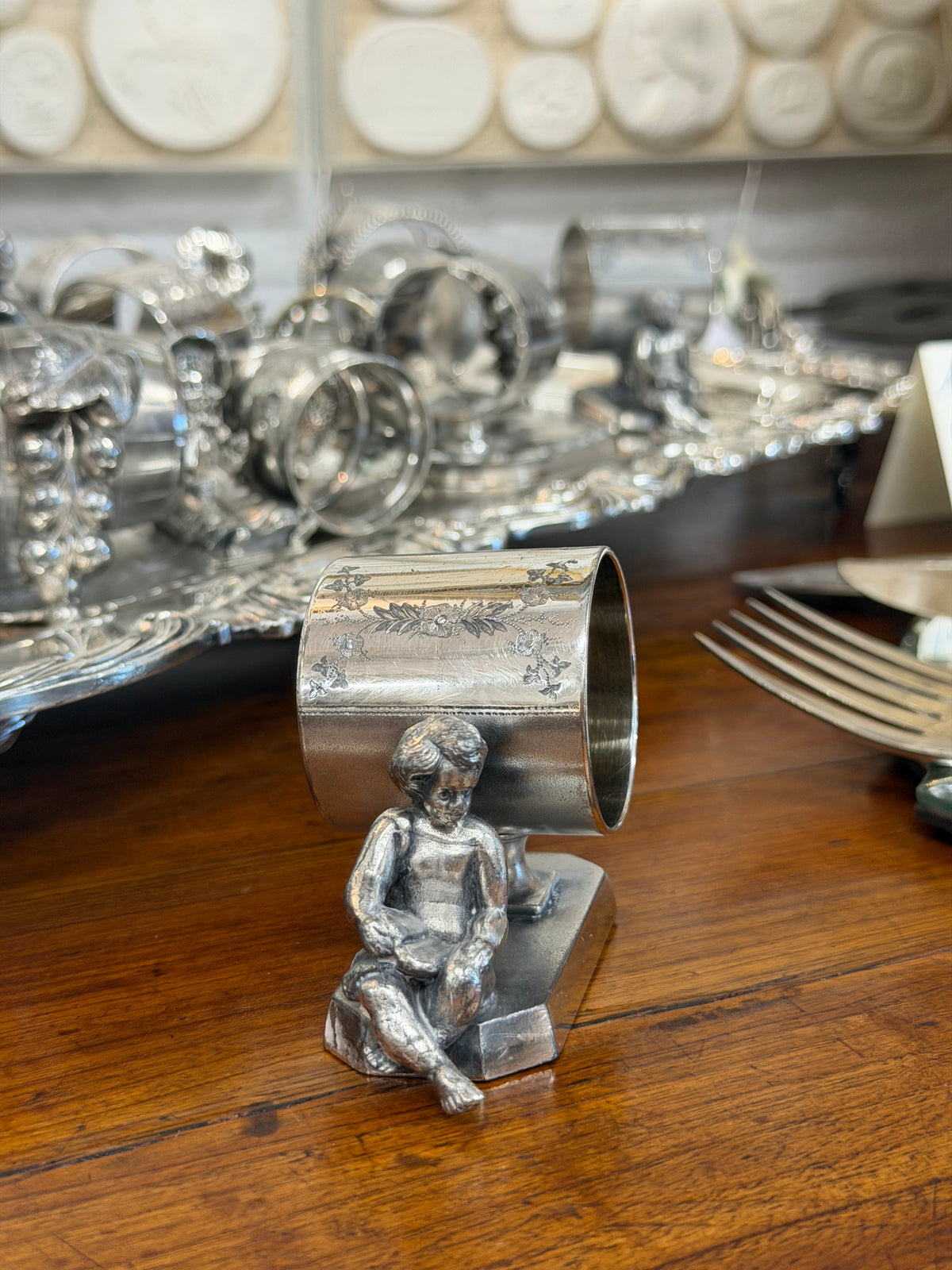 Antique Victorian Silverplate Napkin Ring | Little Boy Sitting