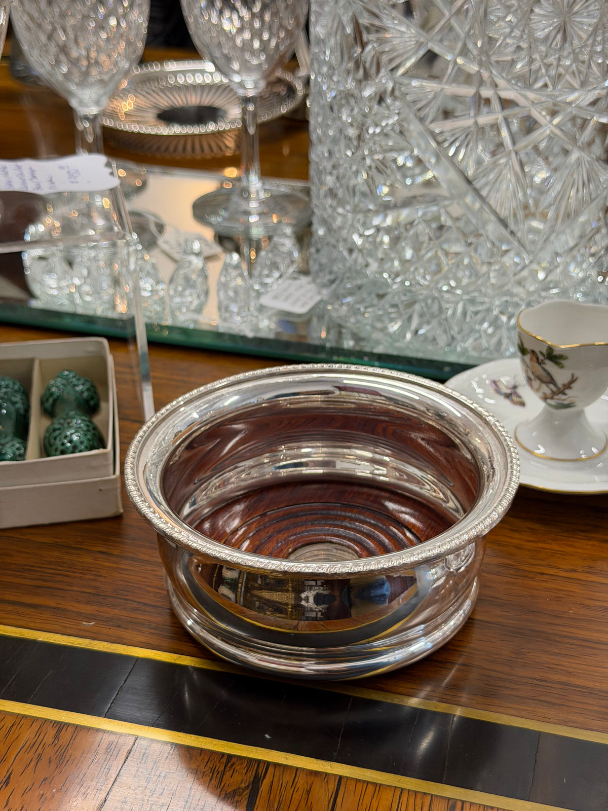 Silverplate & Wood Deep-Bellied Wine Coaster | Marked England
