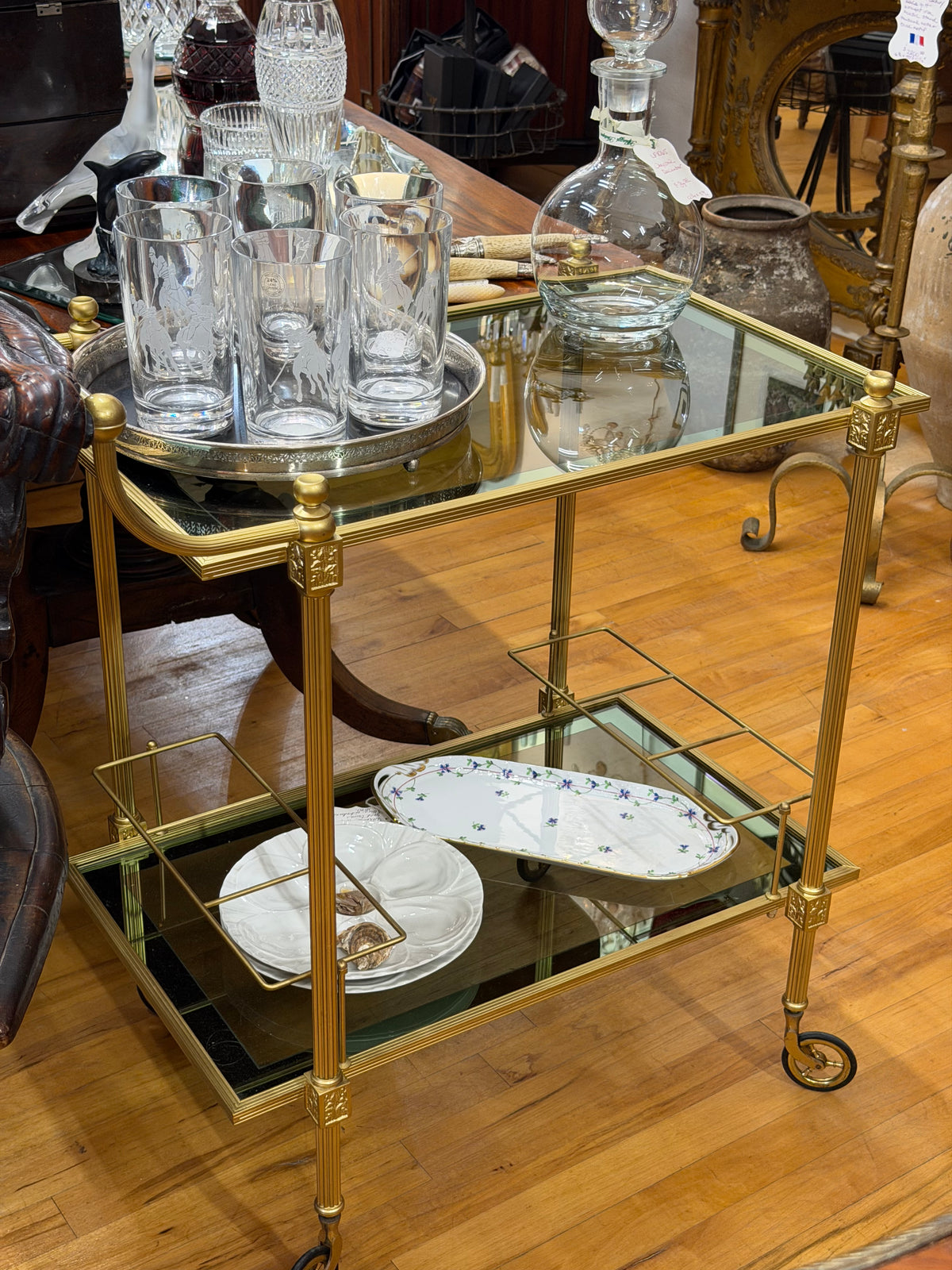 Mid Century Neoclassical Brass Bar Cart with Smoked Glass