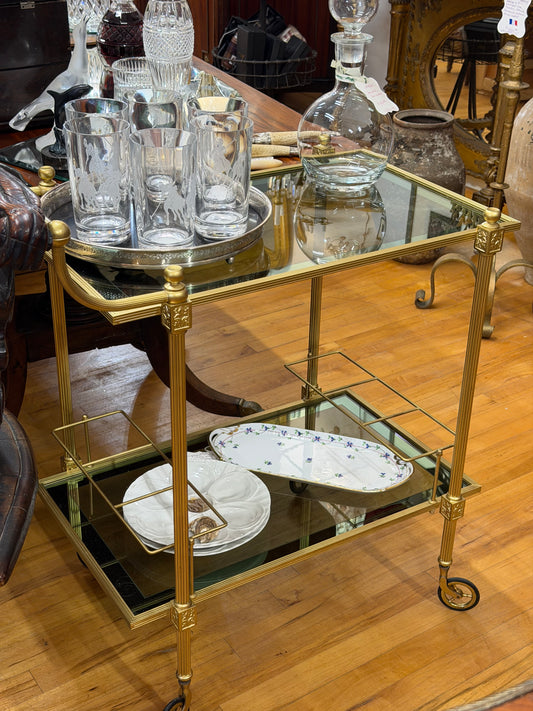 Mid Century Neoclassical Brass Bar Cart with Smoked Glass
