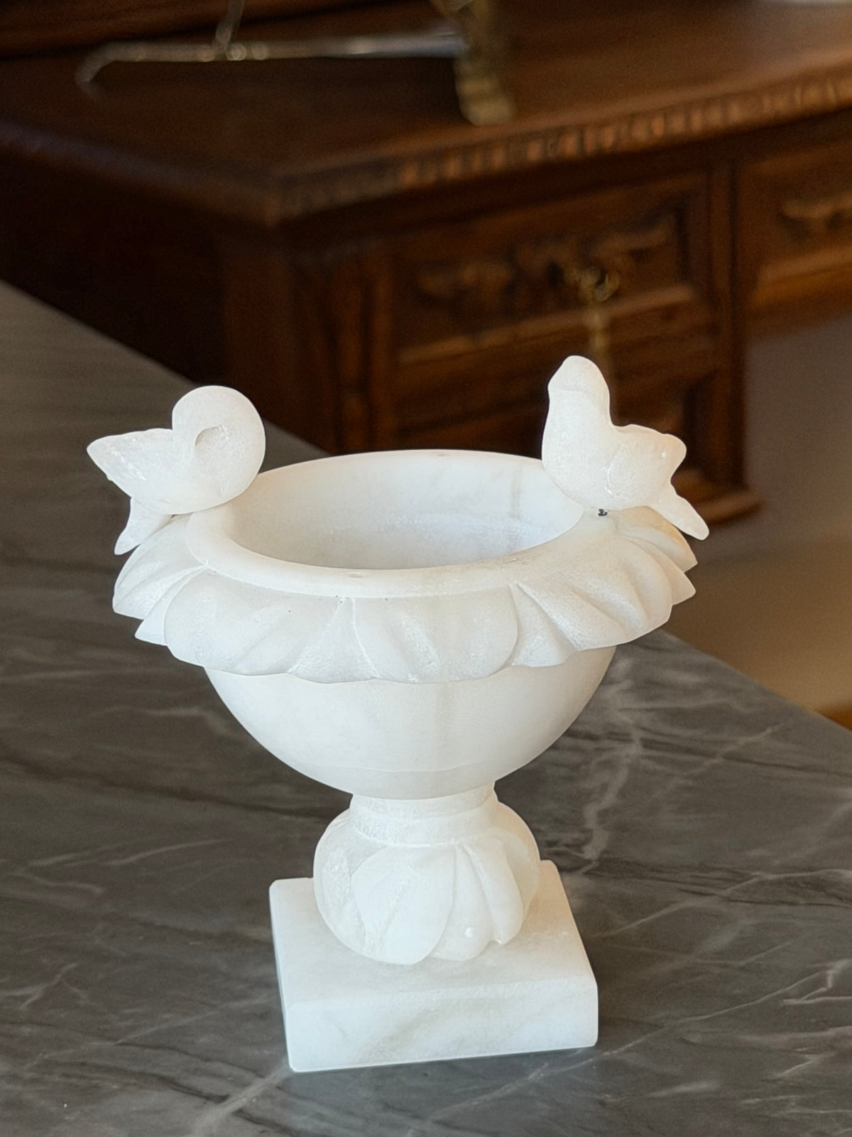 Alabaster Bird Bath with Two Birds