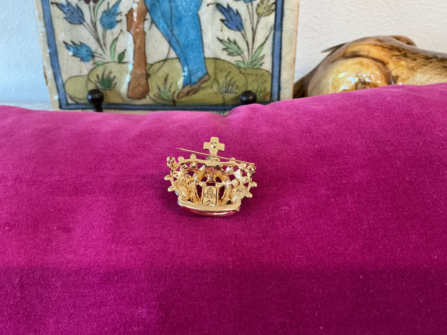 NEW Golden Crown Brooch, Crown Red Gem and Rhinestones