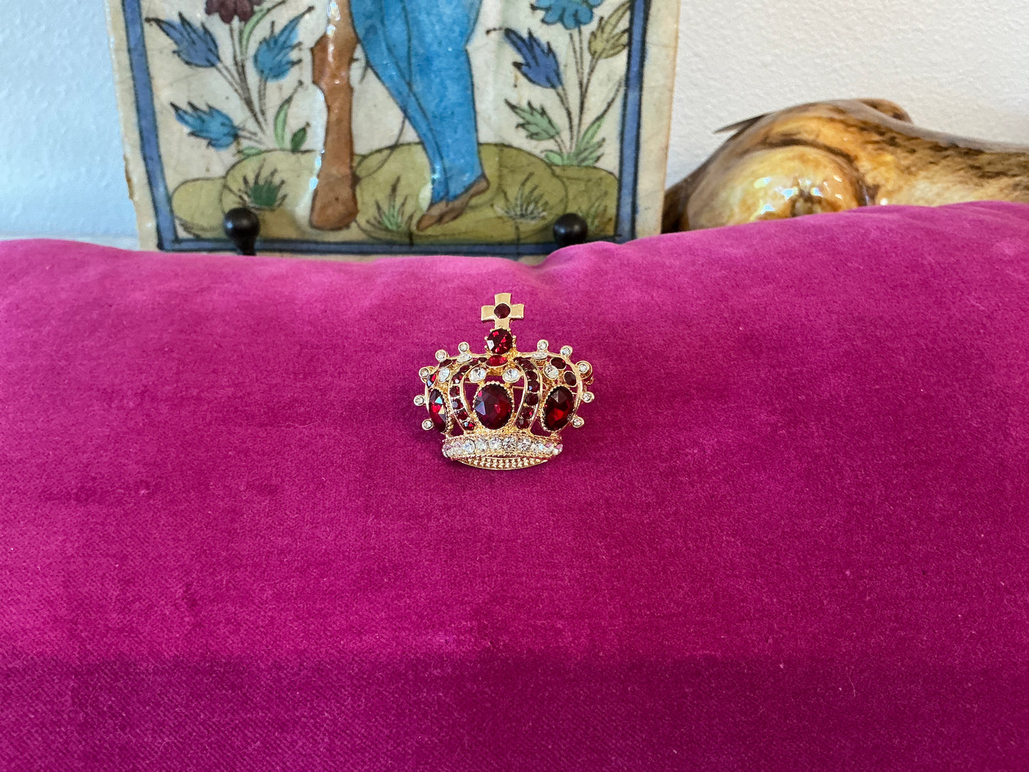 NEW Golden Crown Brooch, Crown Red Gem and Rhinestones