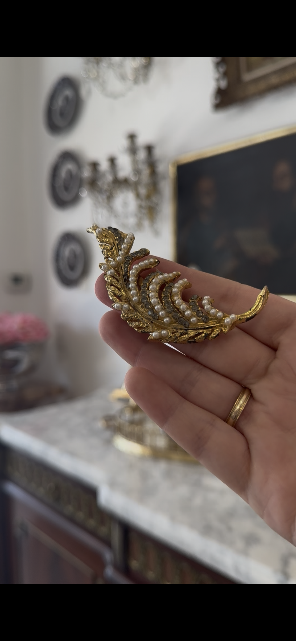 Vintage Golden Leaf Brooch, Pearl and Sparkling Marcasite