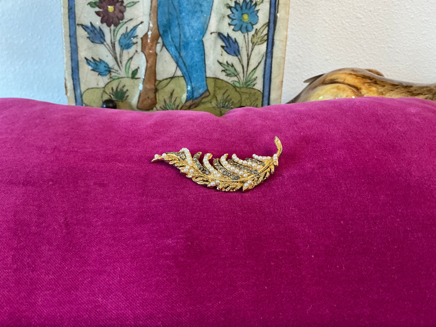 Vintage Golden Leaf Brooch, Pearl and Sparkling Marcasite