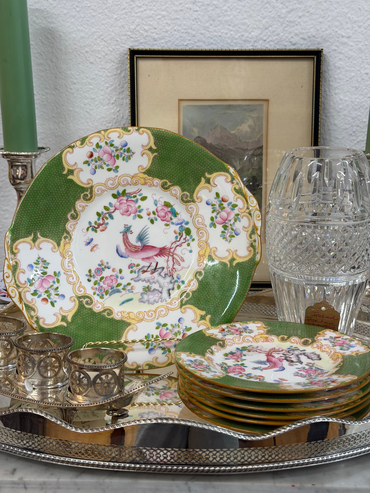 England Minton Green Cockatrice Pattern Cake or Crumpet Set