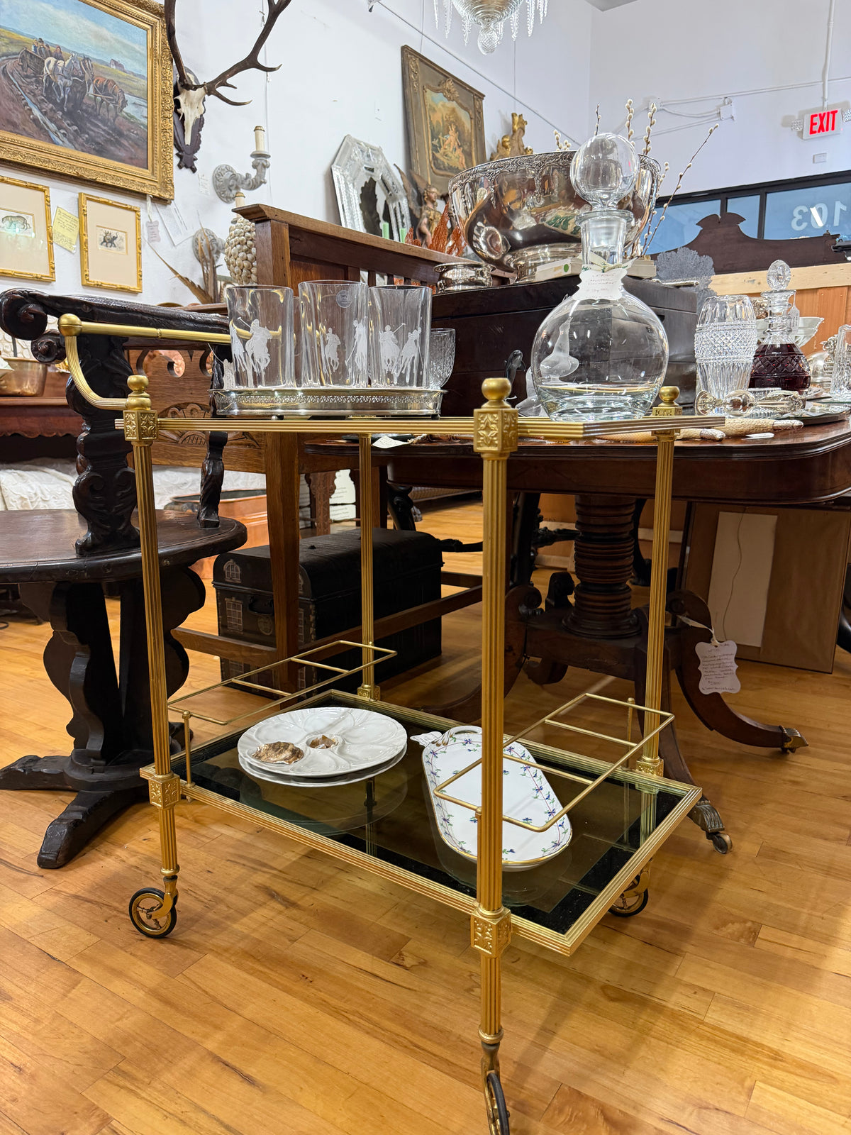 Mid Century Neoclassical Brass Bar Cart with Smoked Glass