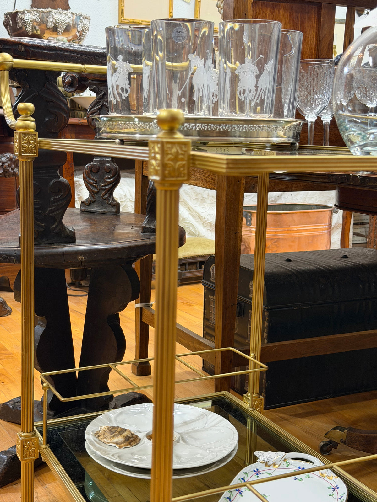 Mid Century Neoclassical Brass Bar Cart with Smoked Glass