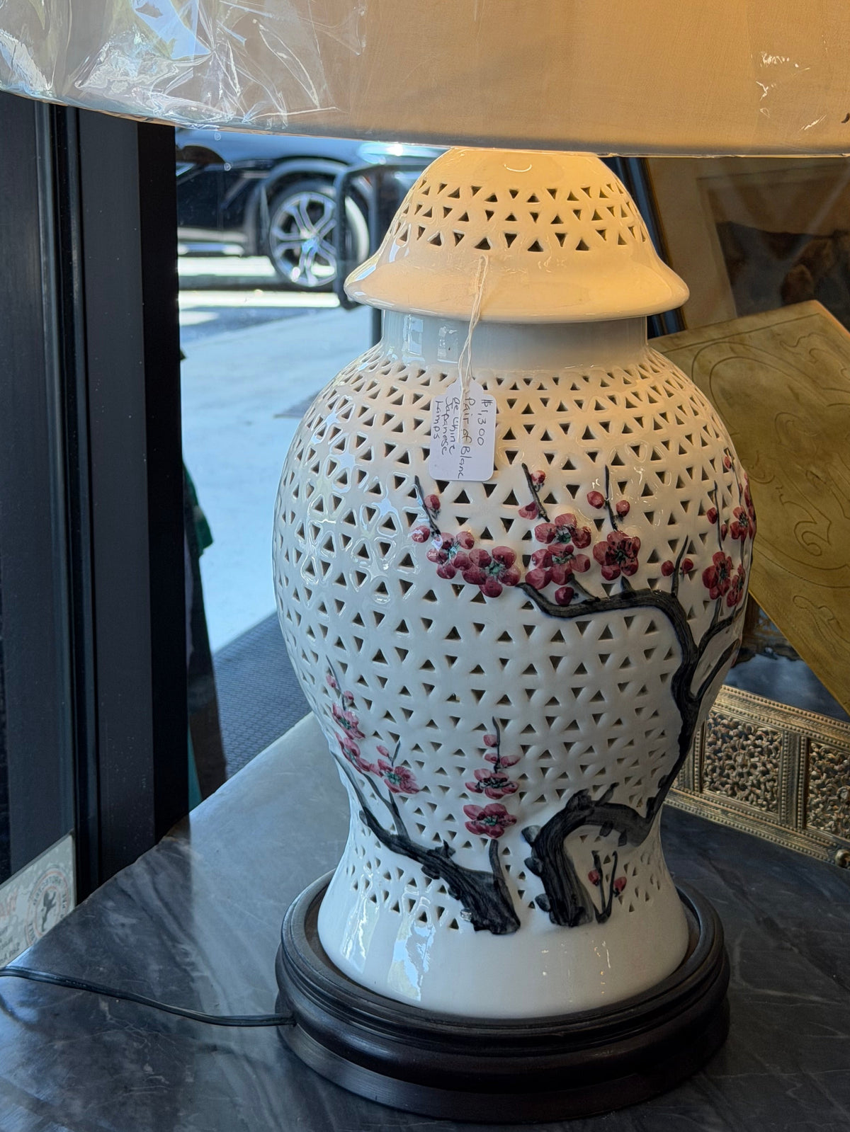 Blanc De Chine Cherry Blossom Lamps With New Shades (Pair)