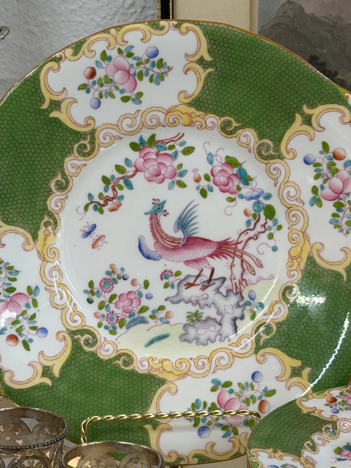 England Minton Green Cockatrice Pattern Cake or Crumpet Set