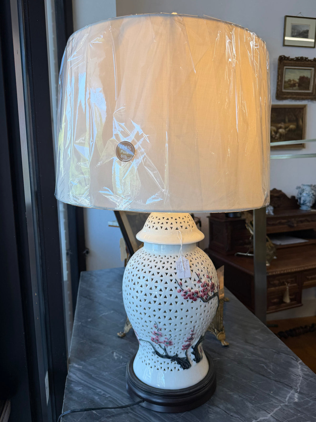 Blanc De Chine Cherry Blossom Lamps With New Shades (Pair)