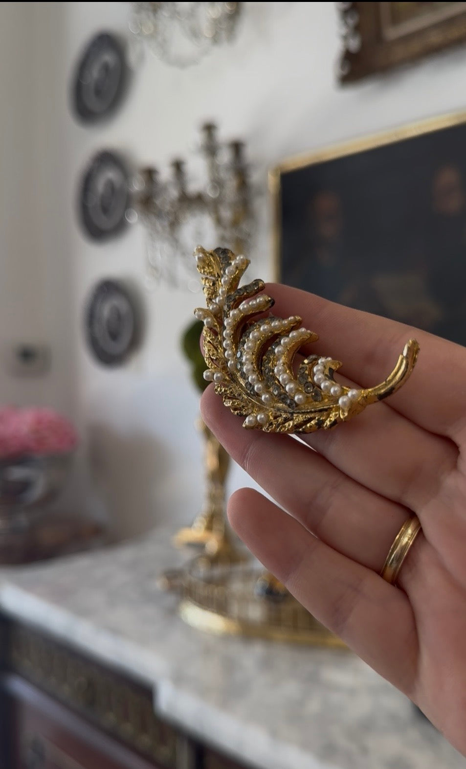 Vintage Golden Leaf Brooch, Pearl and Sparkling Marcasite