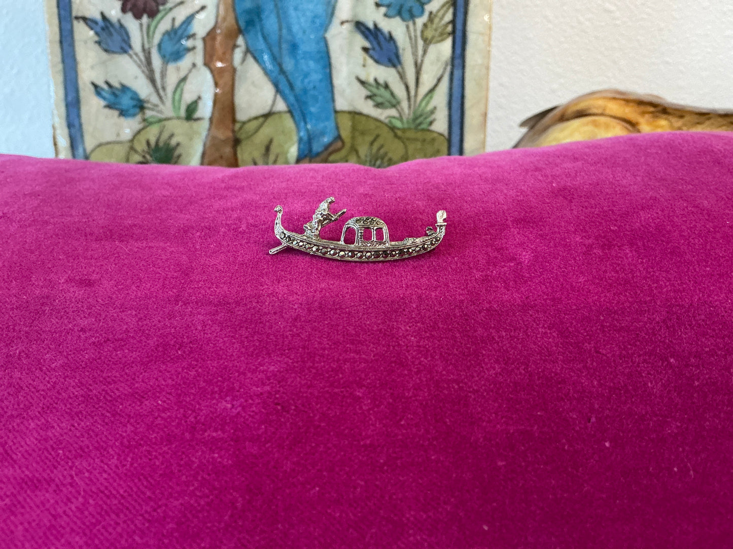 Vintage Gondola Brooch, Silver 800 and Sparkling Marcasite, Purchased in Venice