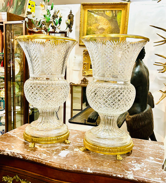 Pair of Monumental Baccarat style Ormolu crystal urns