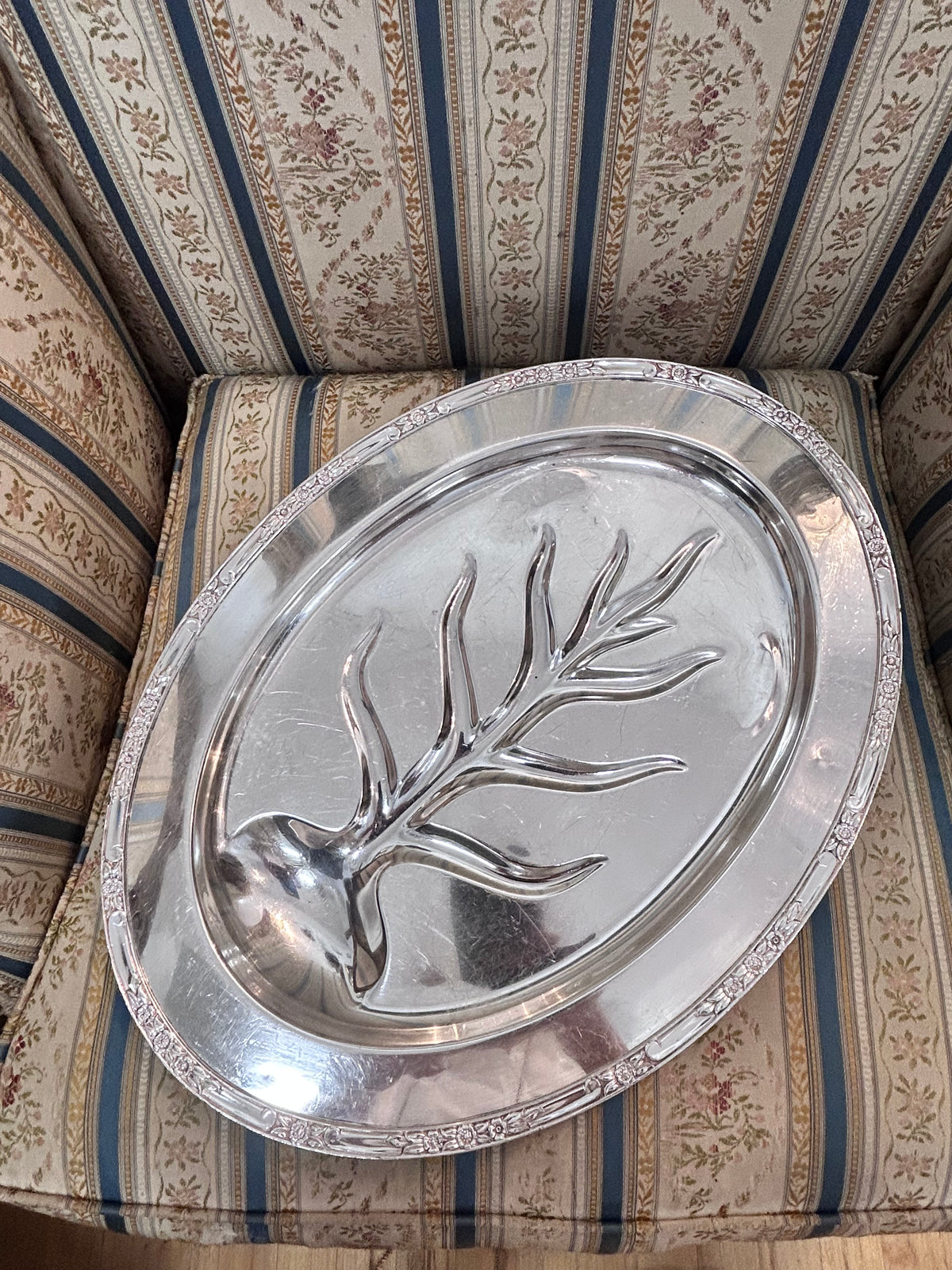 Vintage Rogers Brothers Silverplate Tree Meat Tray Footed | Floral Rim