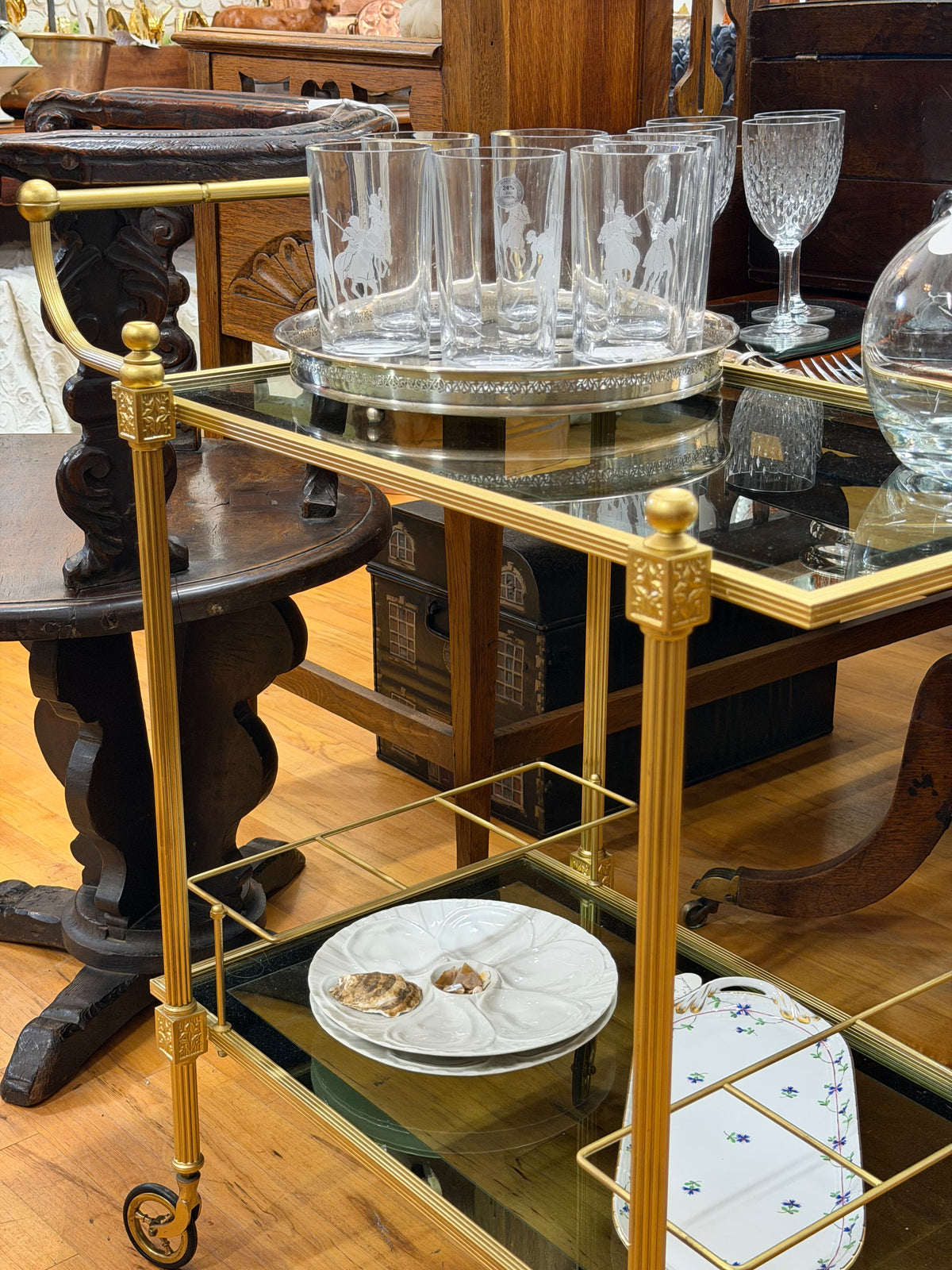 Mid Century Neoclassical Brass Bar Cart with Smoked Glass