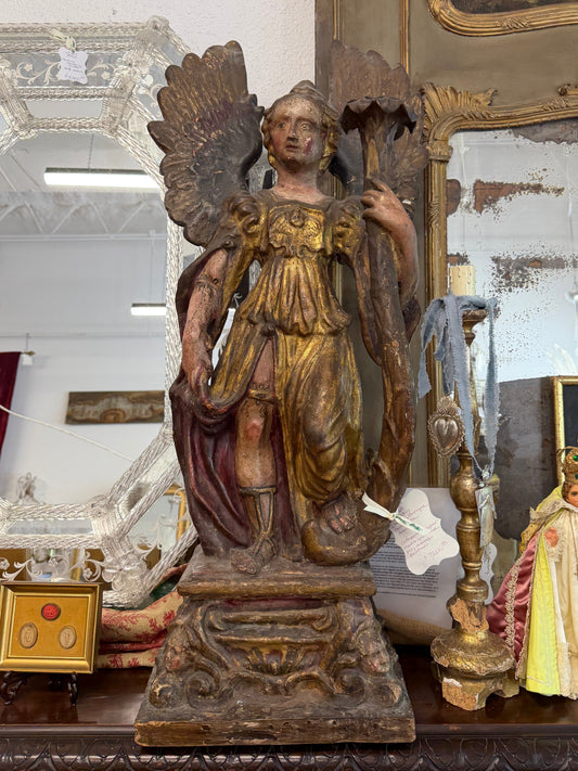 Italian Baroque Cartapesta Angel, Cartapesta/Papier Mache Arch Angel, 17Th C Parcel Guild & Polychrome Paint