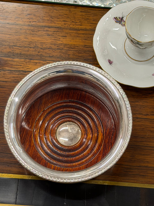 Silverplate & Wood Deep-Bellied Wine Coaster | Marked England