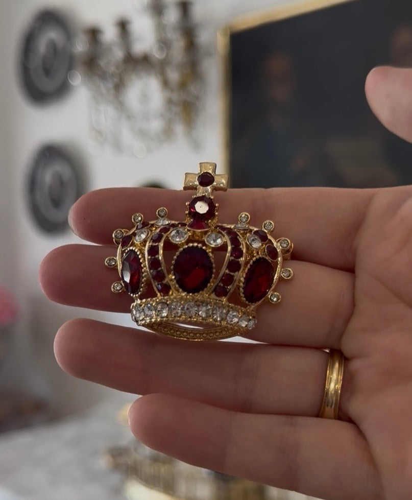 NEW Golden Crown Brooch, Crown Red Gem and Rhinestones