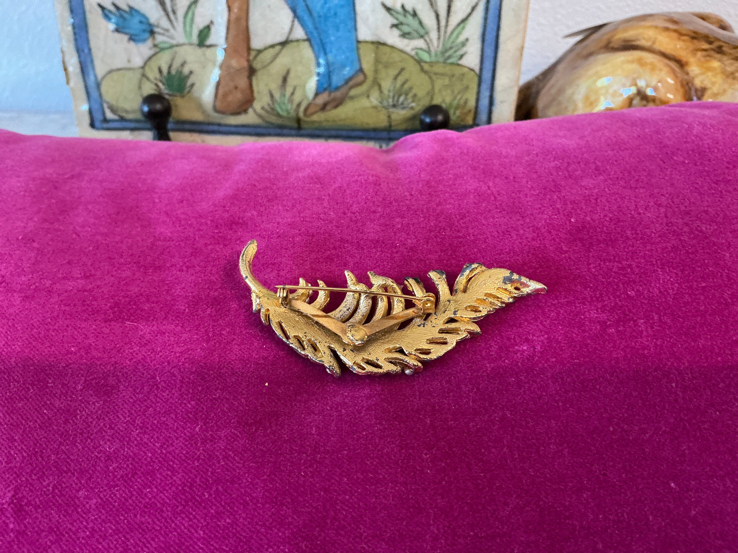 Vintage Golden Leaf Brooch, Pearl and Sparkling Marcasite