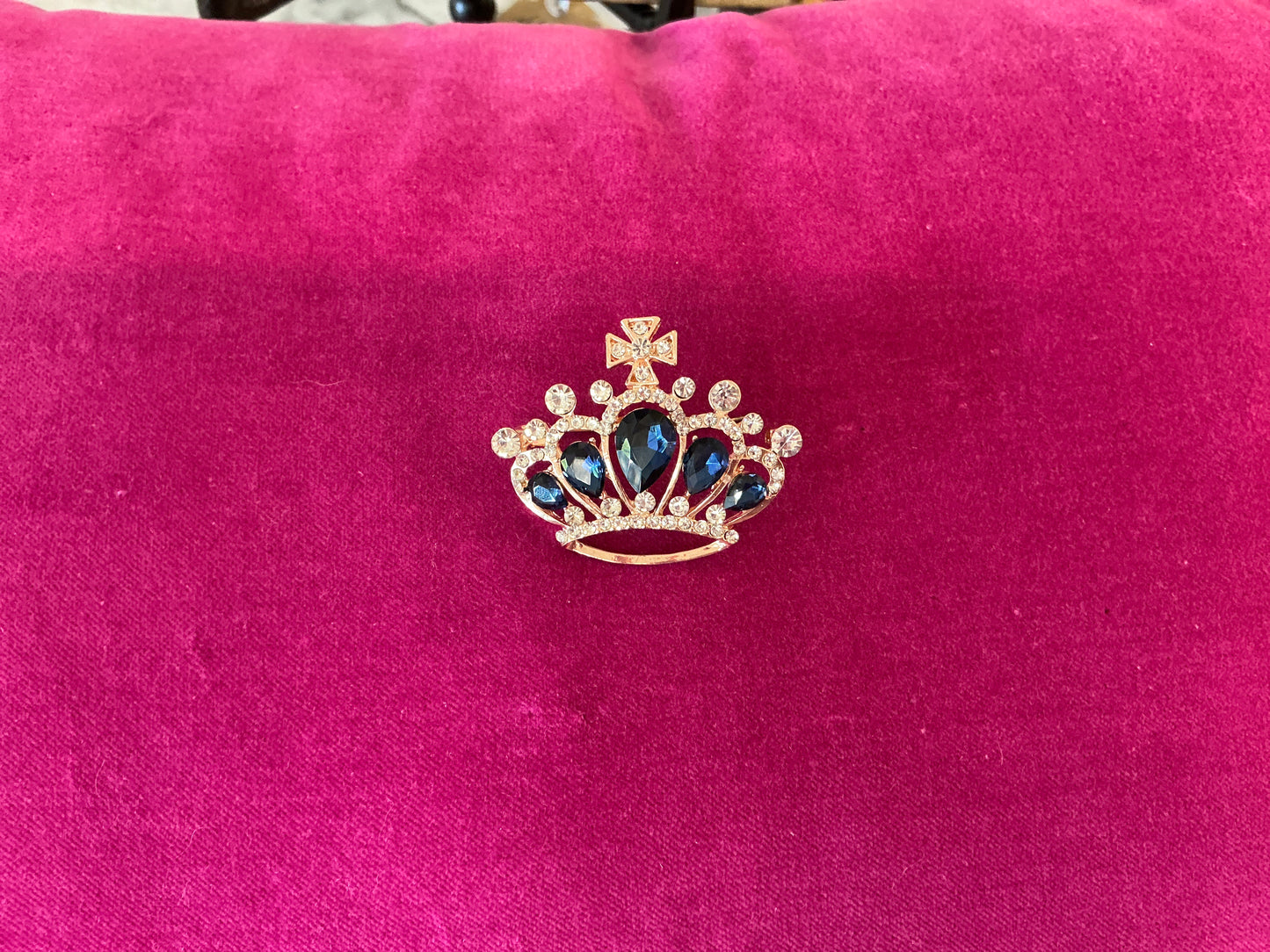 Vintage Crown Brooch, Rose Gold with Blue Stones