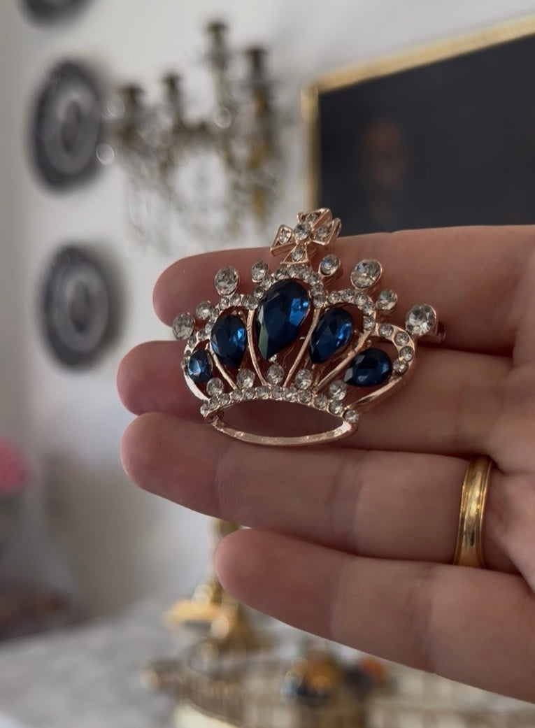 Vintage Crown Brooch, Rose Gold with Blue Stones