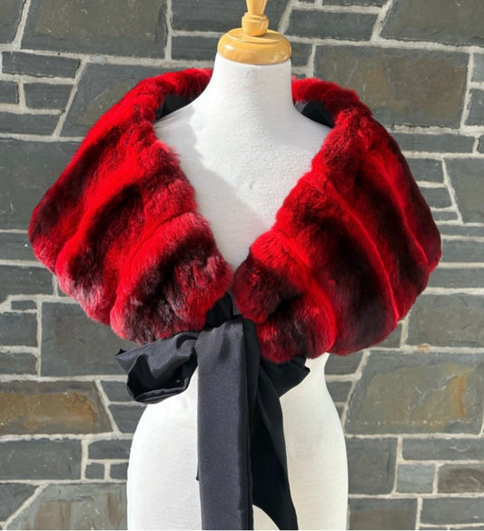 Red Chinchilla Fur Stole w/ Black Ribbon