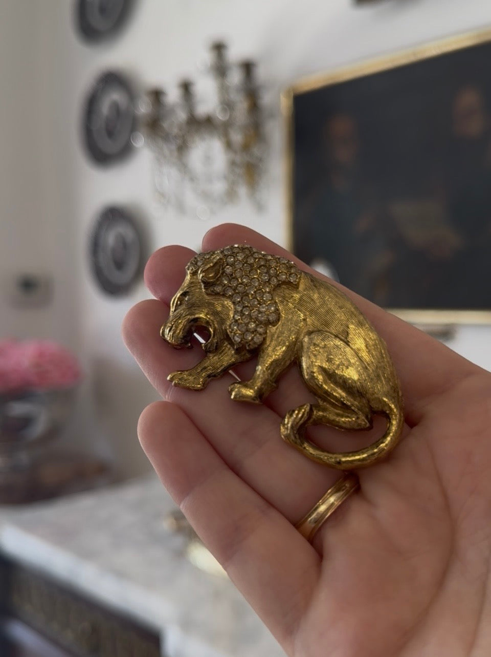 Vintage Lion Brooch with Rhinestones