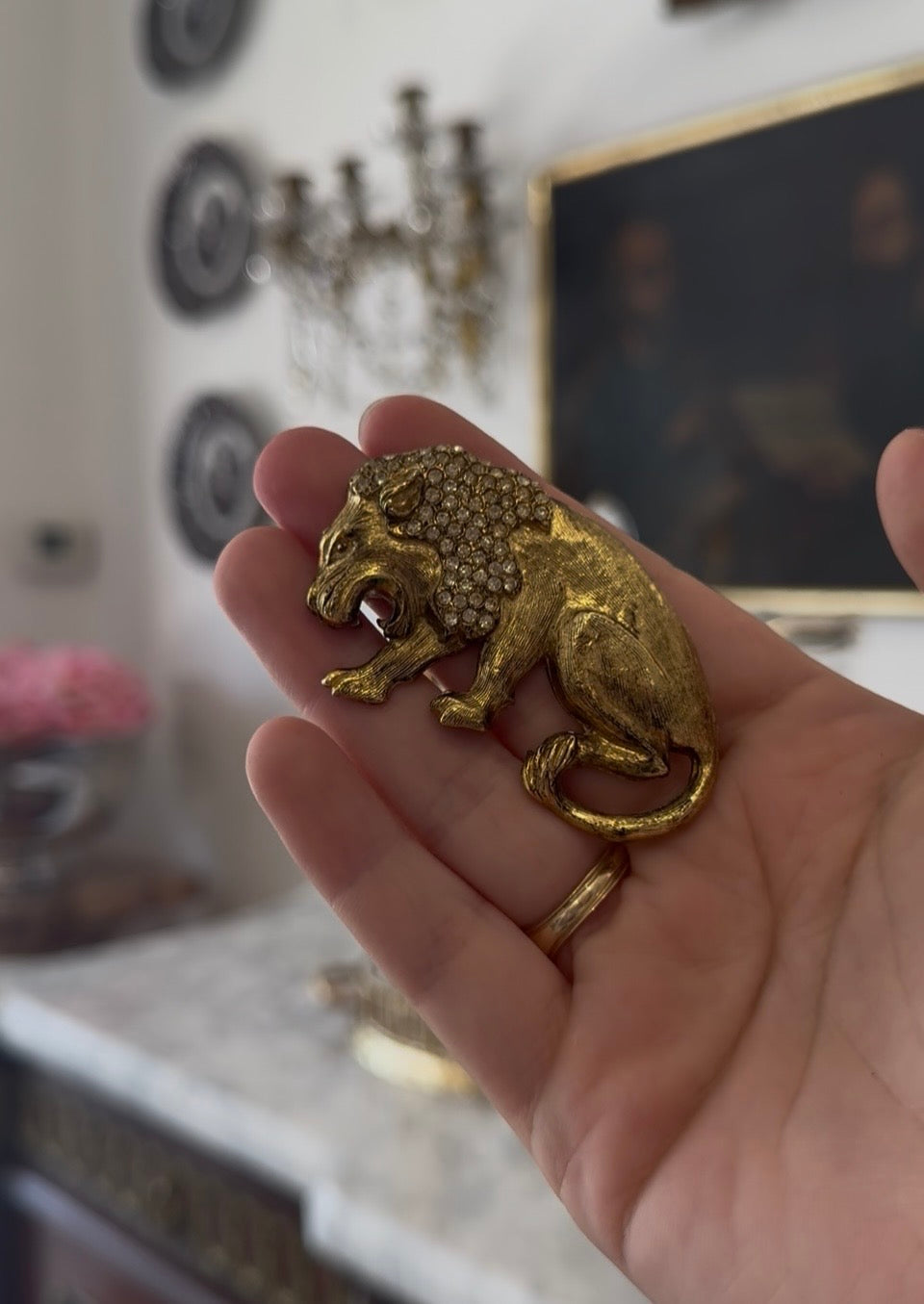 Vintage Lion Brooch with Rhinestones