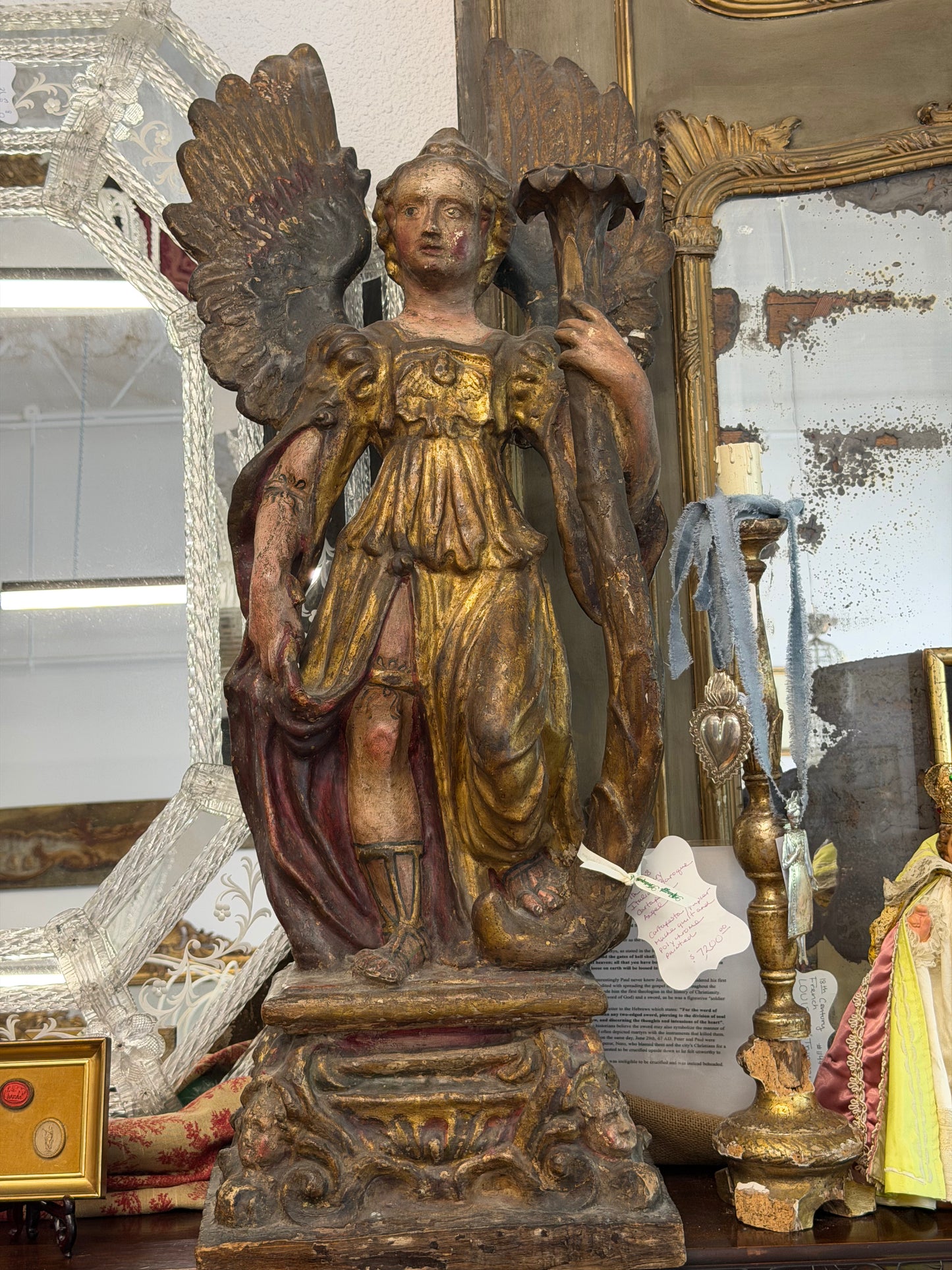 Italian Baroque Cartapesta Angel, Cartapesta/Papier Mache Arch Angel, 17Th C Parcel Guild & Polychrome Paint