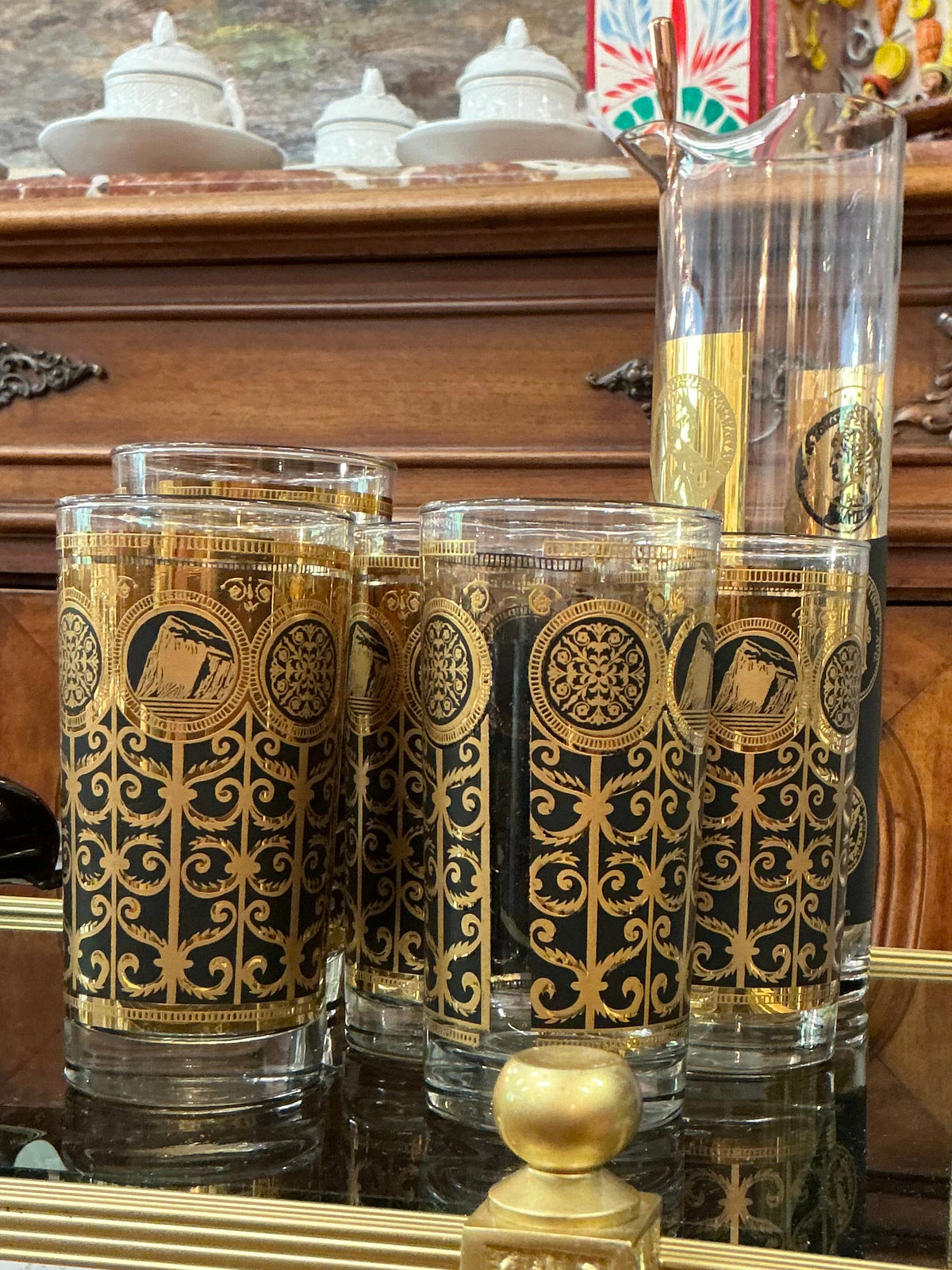 Set of 4 Vintage Culver Highball Black and Gold Glasses + Mixer Glass
