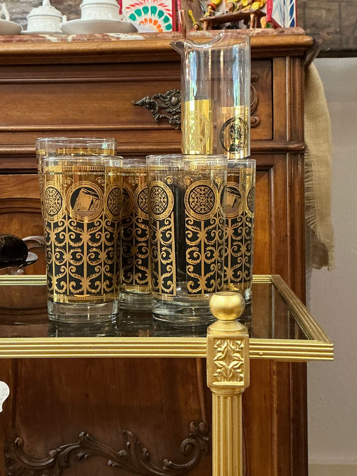 Set of 4 Vintage Culver Highball Black and Gold Glasses + Mixer Glass