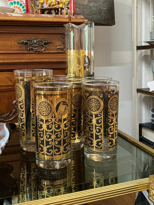 Set of 4 Vintage Culver Highball Black and Gold Glasses + Mixer Glass