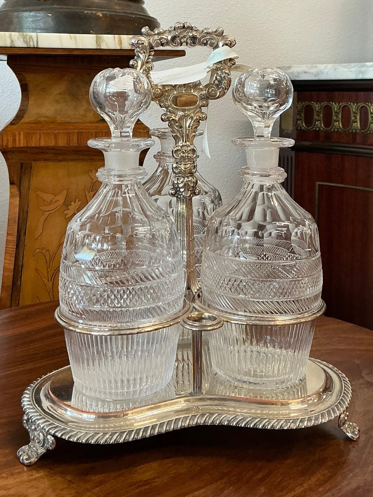 Georgian Crystal Decanter and Silverplate Stand Set