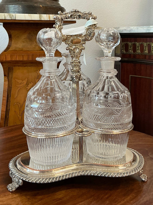 Georgian Crystal Decanter and Silverplate Stand Set