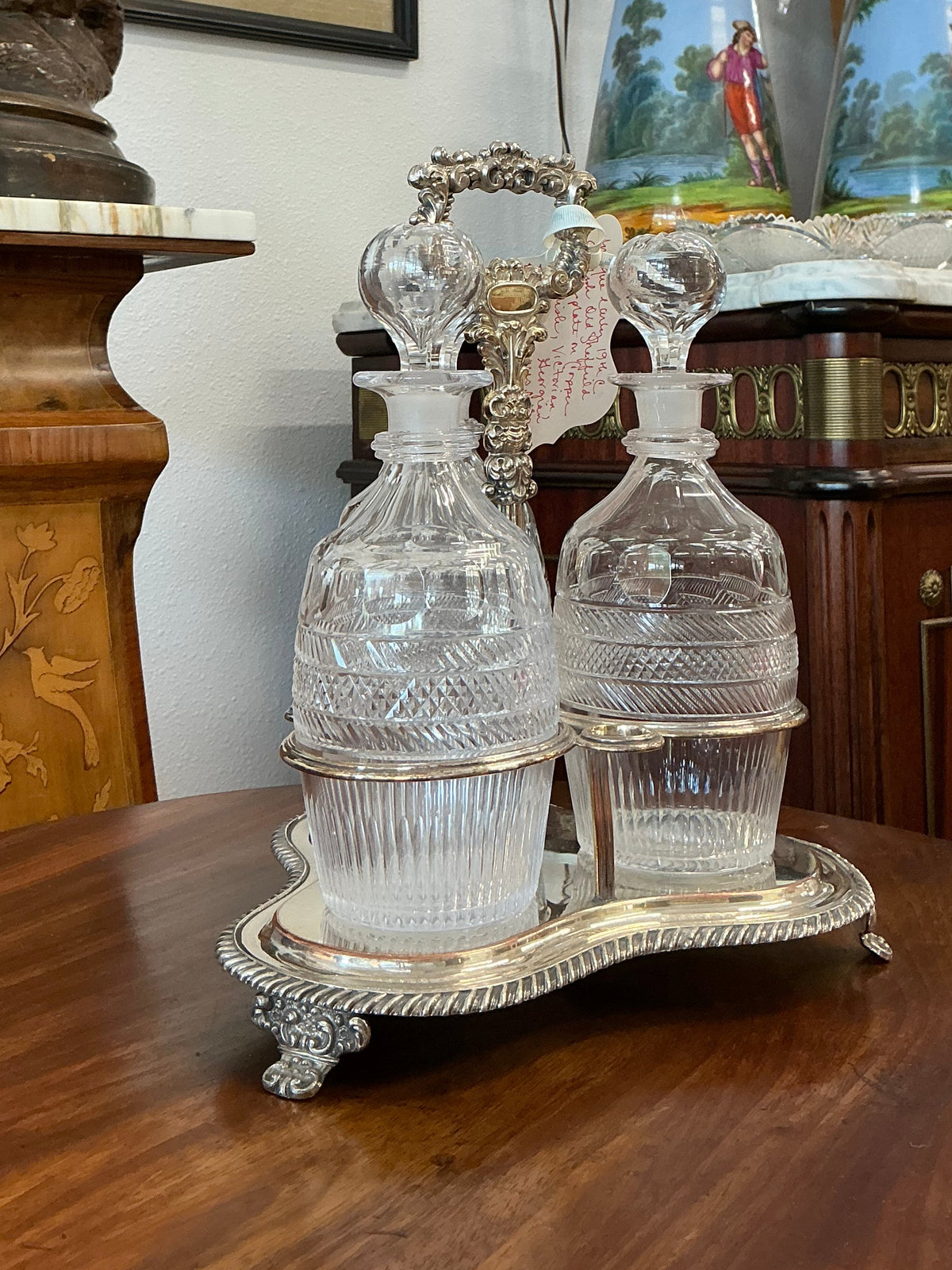 Georgian Crystal Decanter and Silverplate Stand Set